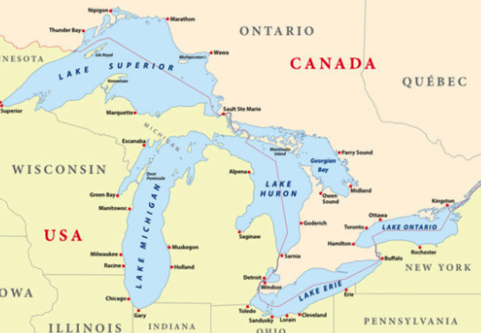 carte des grands lacs au canada